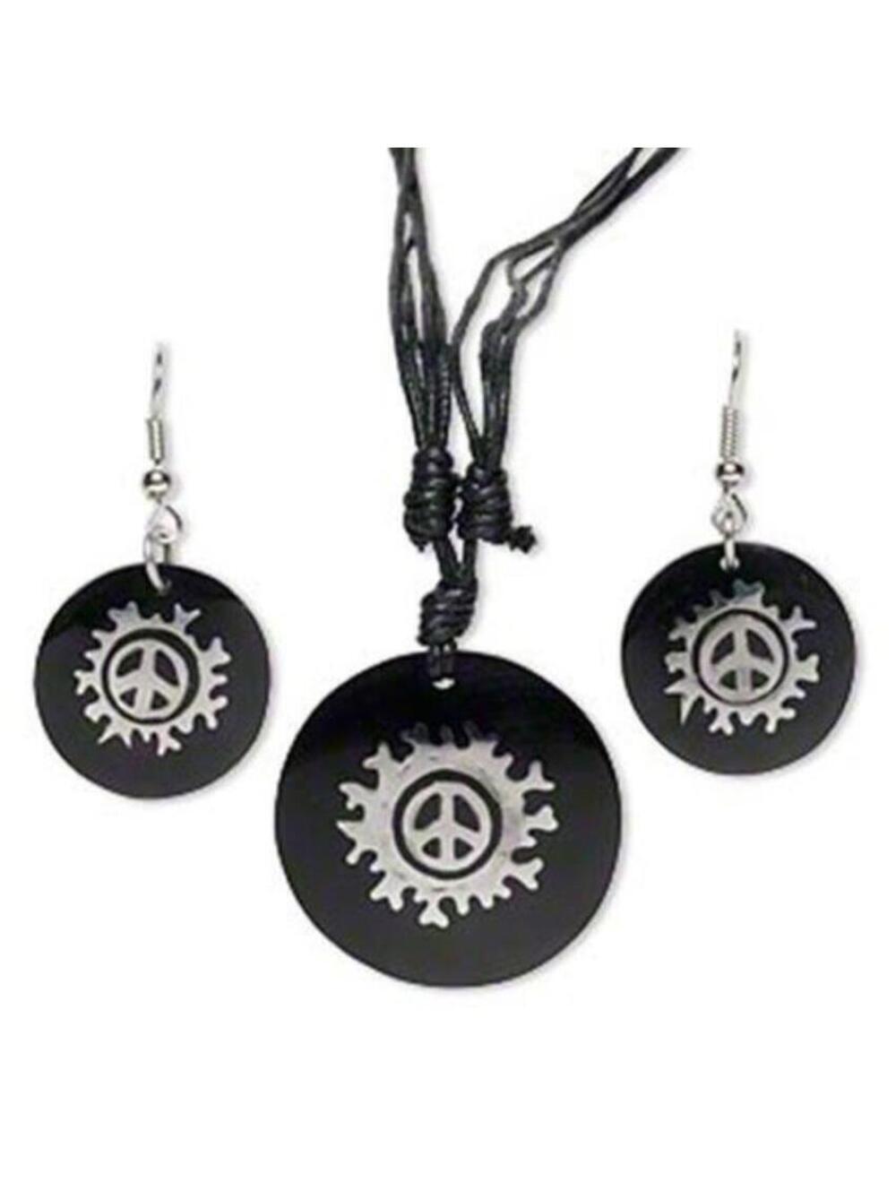 Black Resin & Stainless Steel Mod Retro Peace Sign Necklace Earrings Jewelry Set